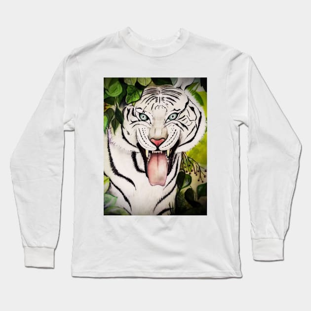 White Tiger Hand Drawn Art Long Sleeve T-Shirt by Mako Design 